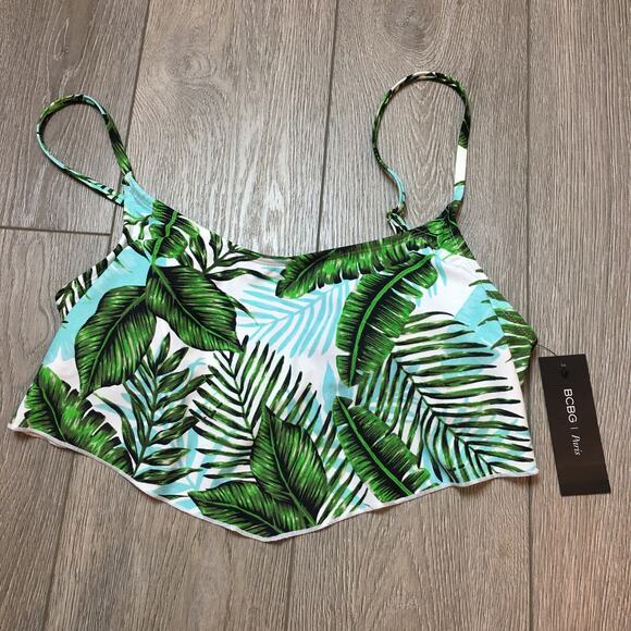 NWT BCBG Paris Printed Scarf Top Leaves Green Padded Bikini Top Size Large - Picture 1 of 8